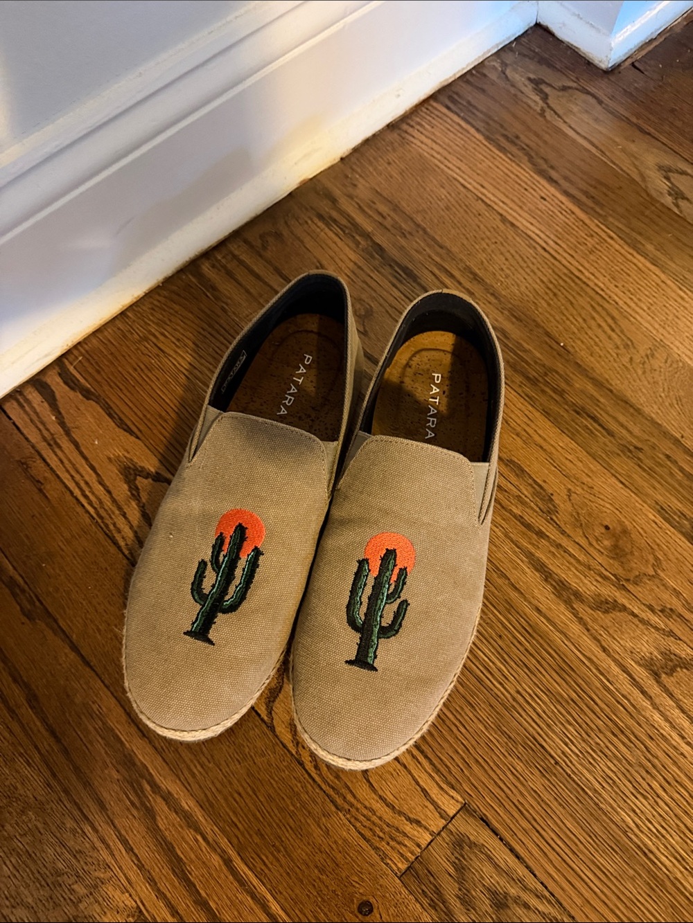 Patra Men's Tan Slip-On Loafers with Green & Orange Cactus Embroidery